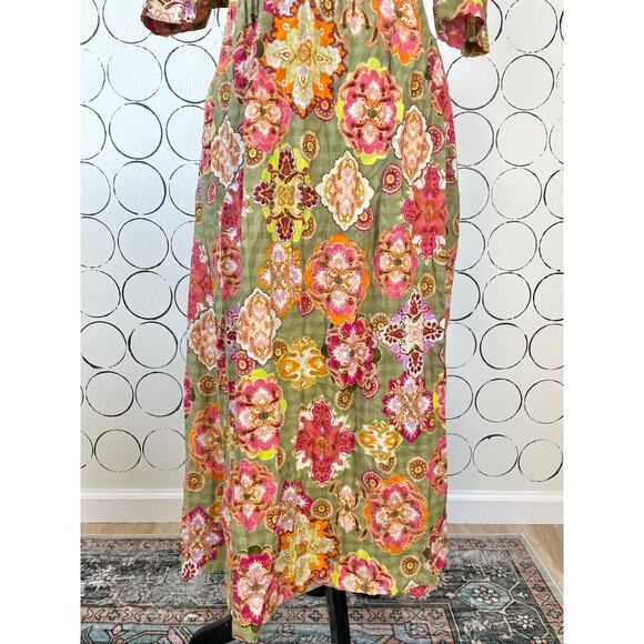 Floral Maxi Wrap Dress Womens 38 Green Pink Boho Cottage Feminine Puff Sleeve - Picture 9 of 15